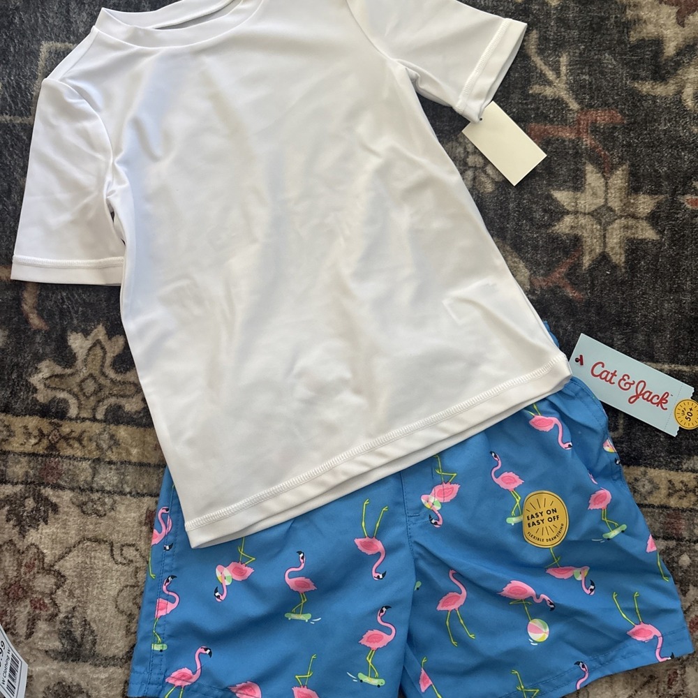 Cat & Jack Boys Size 4T Flamingo Swim Trunks & Short Sleeve Swim Shirt